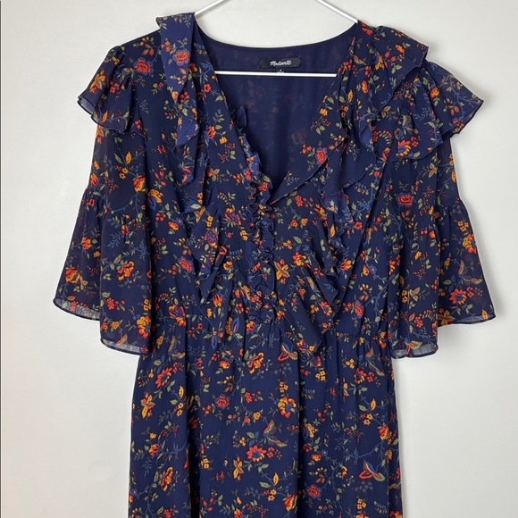 Madewell Navy Ruffle Floral Long Sleeve Dress - 4 - Picture 1 of 12